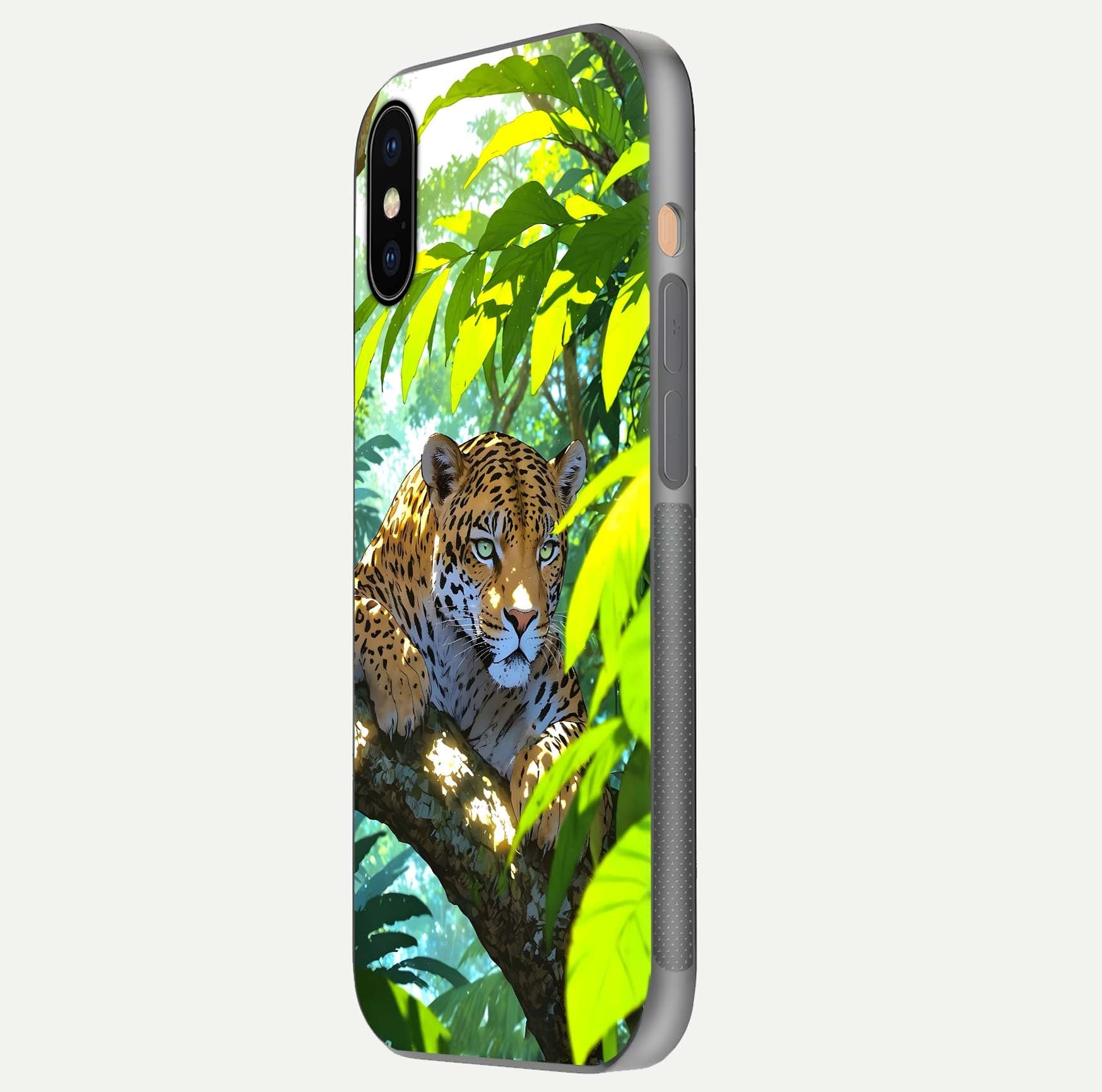 Leopard in Jungle Glass Case for iPhone Xs Max side-angle shot emphasizing contrast and fierce design clarity