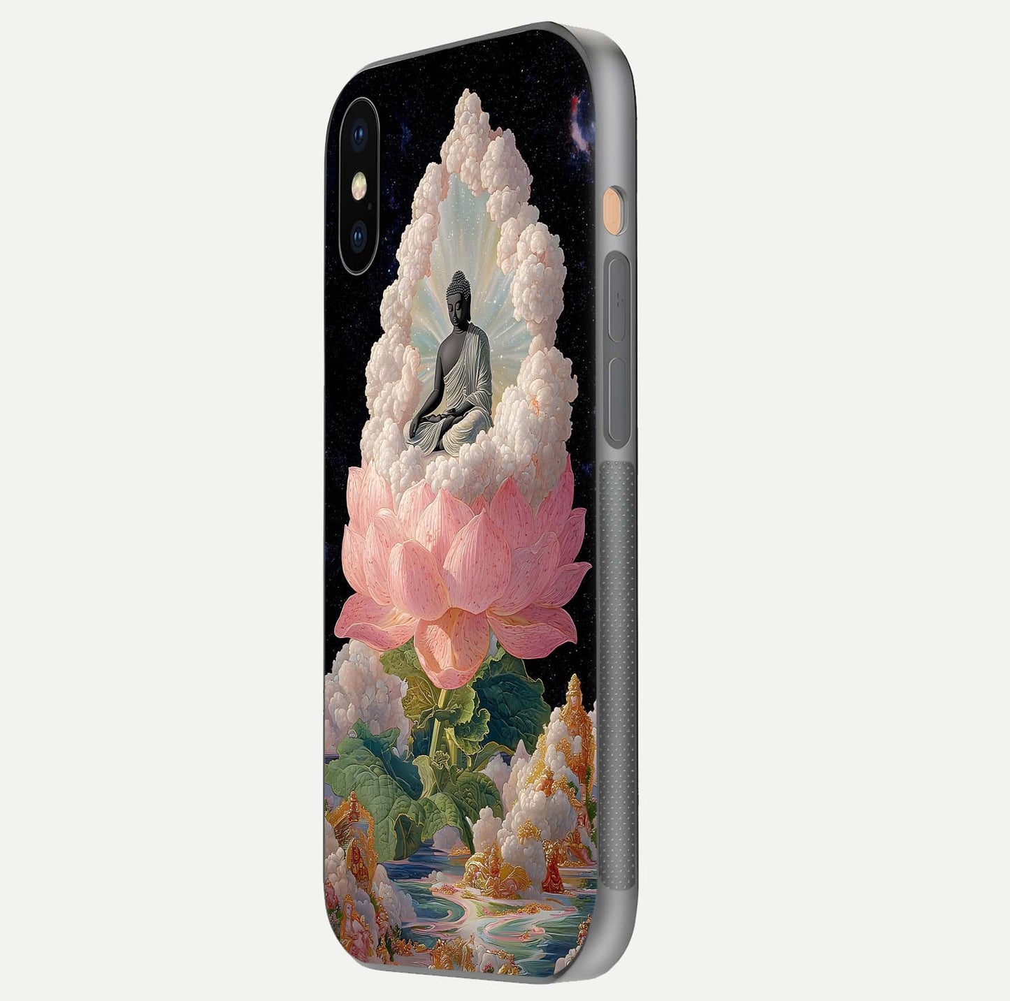Lotus Divine Peace Glass Case for iPhone Xs Max side-angle shot showing elegant shine and floral symmetry