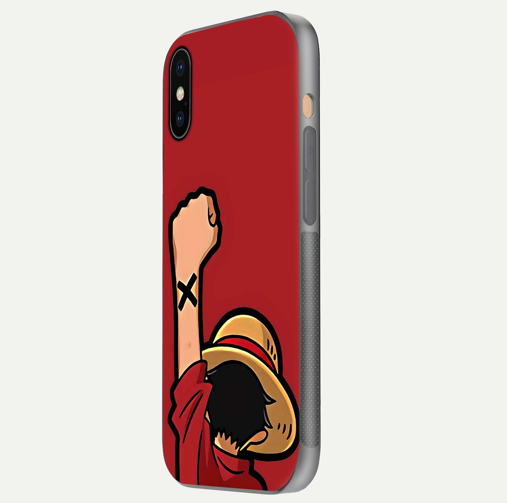 Luffy X Spirit Glass Case for iPhone Xs Max side-angle image highlighting reflection strength and anime print