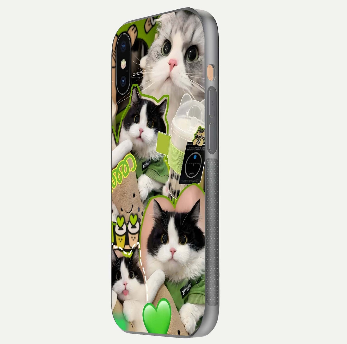 Matcha Cats Mood Glass Case for iPhone Xs Max side-angle image showing shine clarity and cat pattern charm