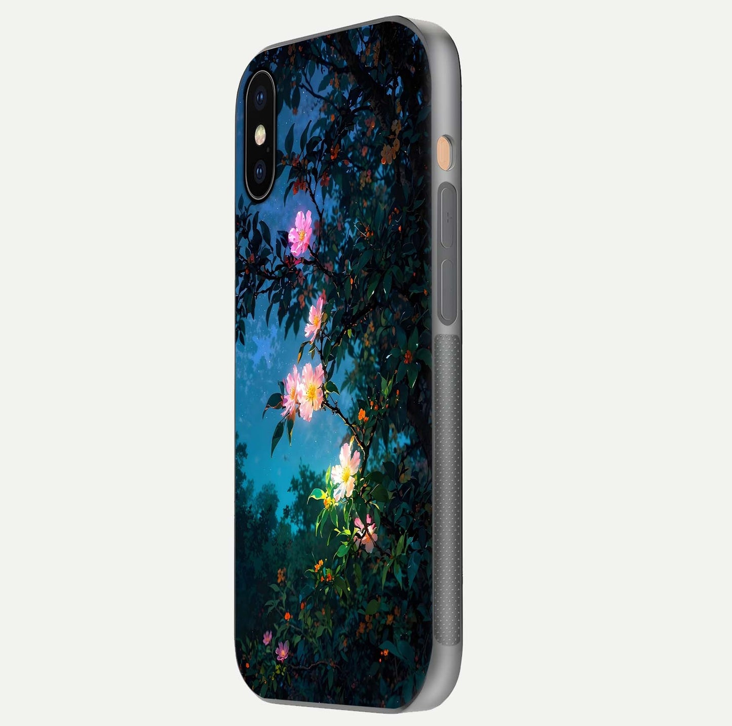 Midnight Bloom Glow Glass Case for iPhone Xs Max side-angle image revealing reflection and deep midnight hues