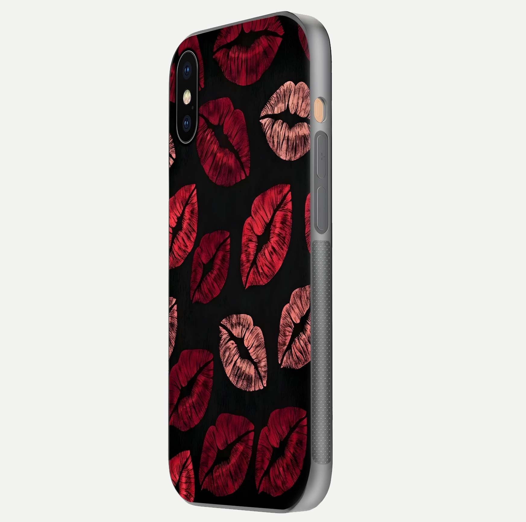 Midnight Kiss Love Glass Case for iPhone Xs Max side-angle image revealing gloss texture and deep love motif