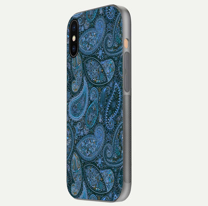 Midnight Paisley Glow Glass Case for iPhone Xs Max side-angle image revealing reflective gloss and paisley art