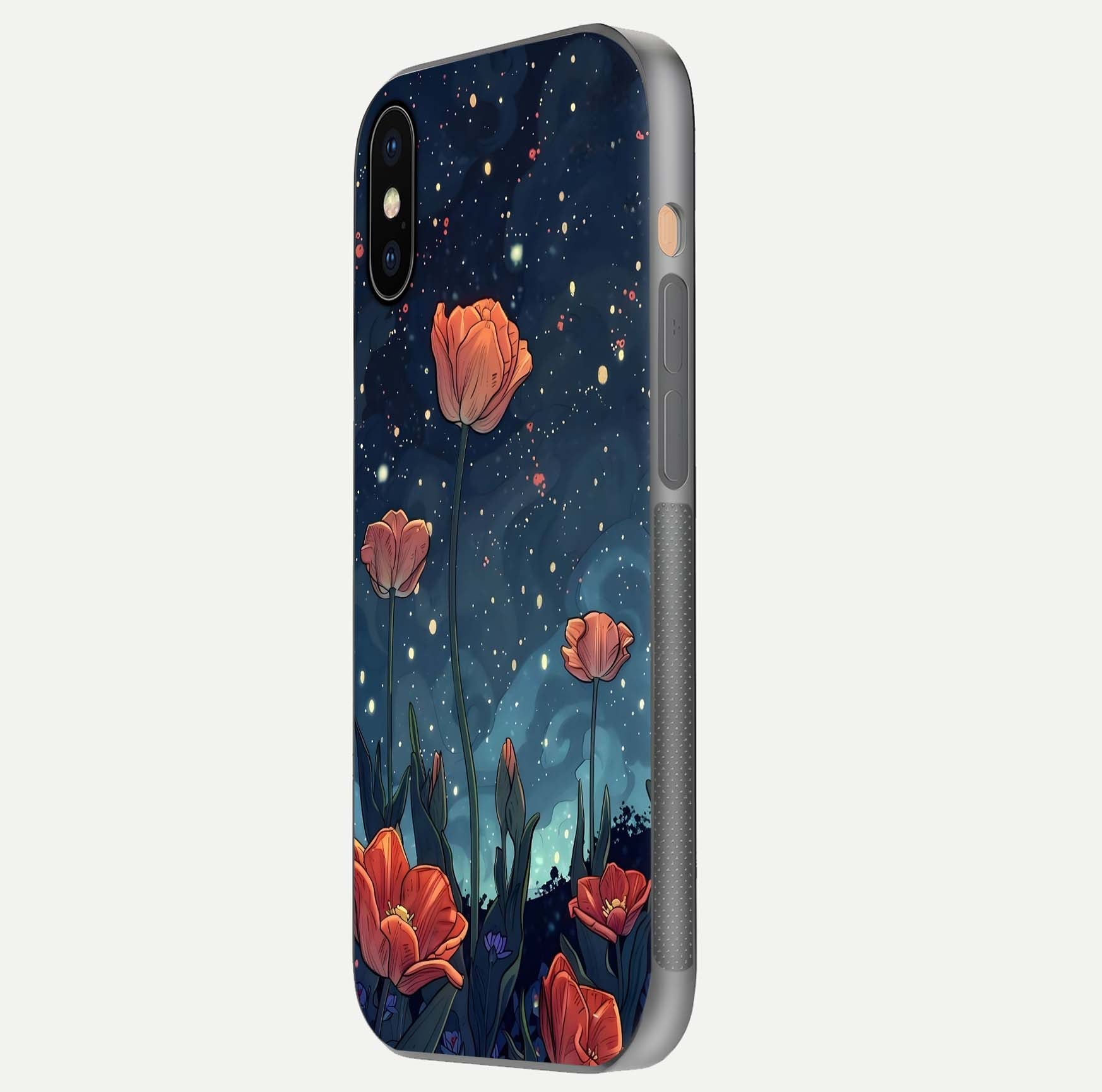 Midnight Tulip Glow Glass Case for iPhone Xs Max side-angle image showing shine depth and flower artwork