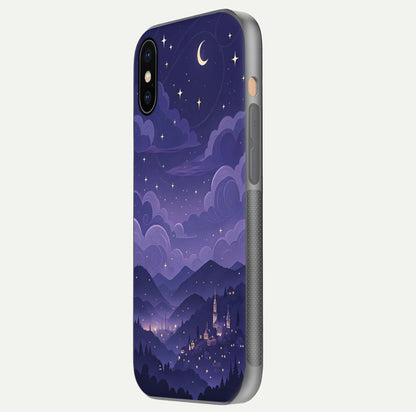 Minimal Night View Glass Case for iPhone Xs Max side-angle image showing subtle reflection and urban design