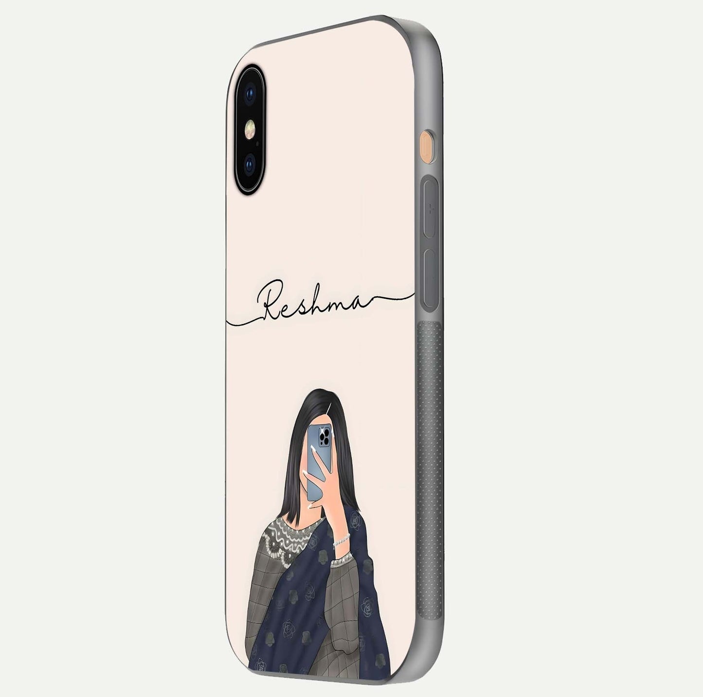 Mirror Mood Muse Custom Name Glass Case for iPhone Xs Max side-angle image emphasizing glossy mirror texture