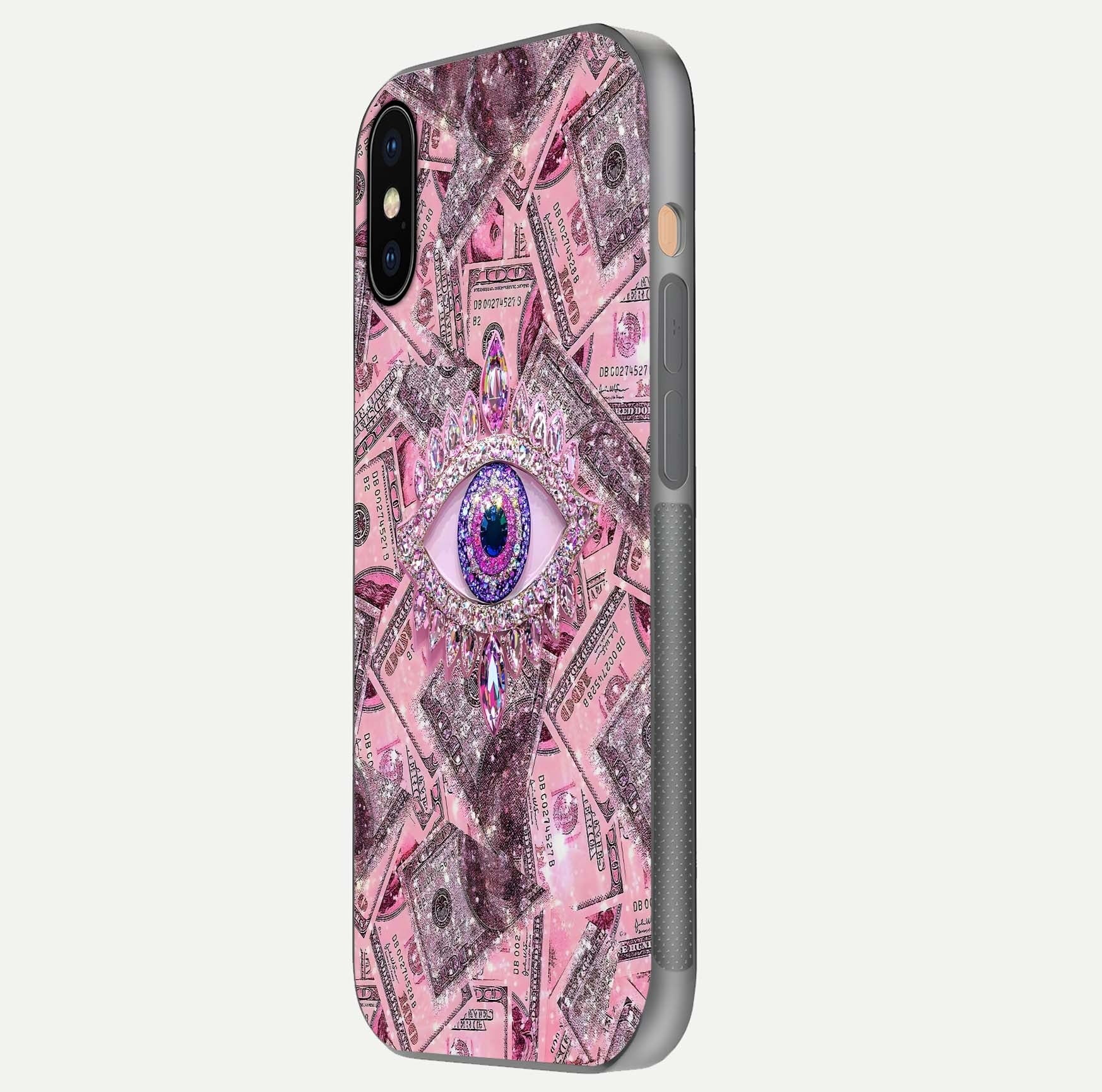 Money Eye Luxe Glass Case for iPhone Xs Max side-angle image showing HD reflection and luxury print clarity