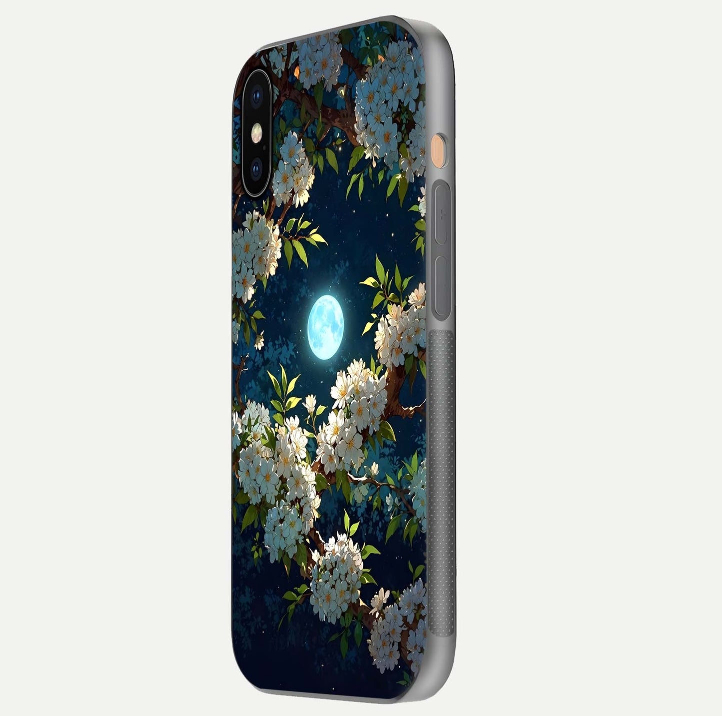 Moonlit Blossom Dream Glass Case for iPhone Xs Max side-angle image showing shine depth and flower glow