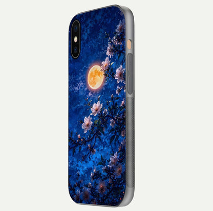 Moonlit Blossoms Night Glass Case for iPhone Xs Max side-angle image revealing shine and night bloom texture