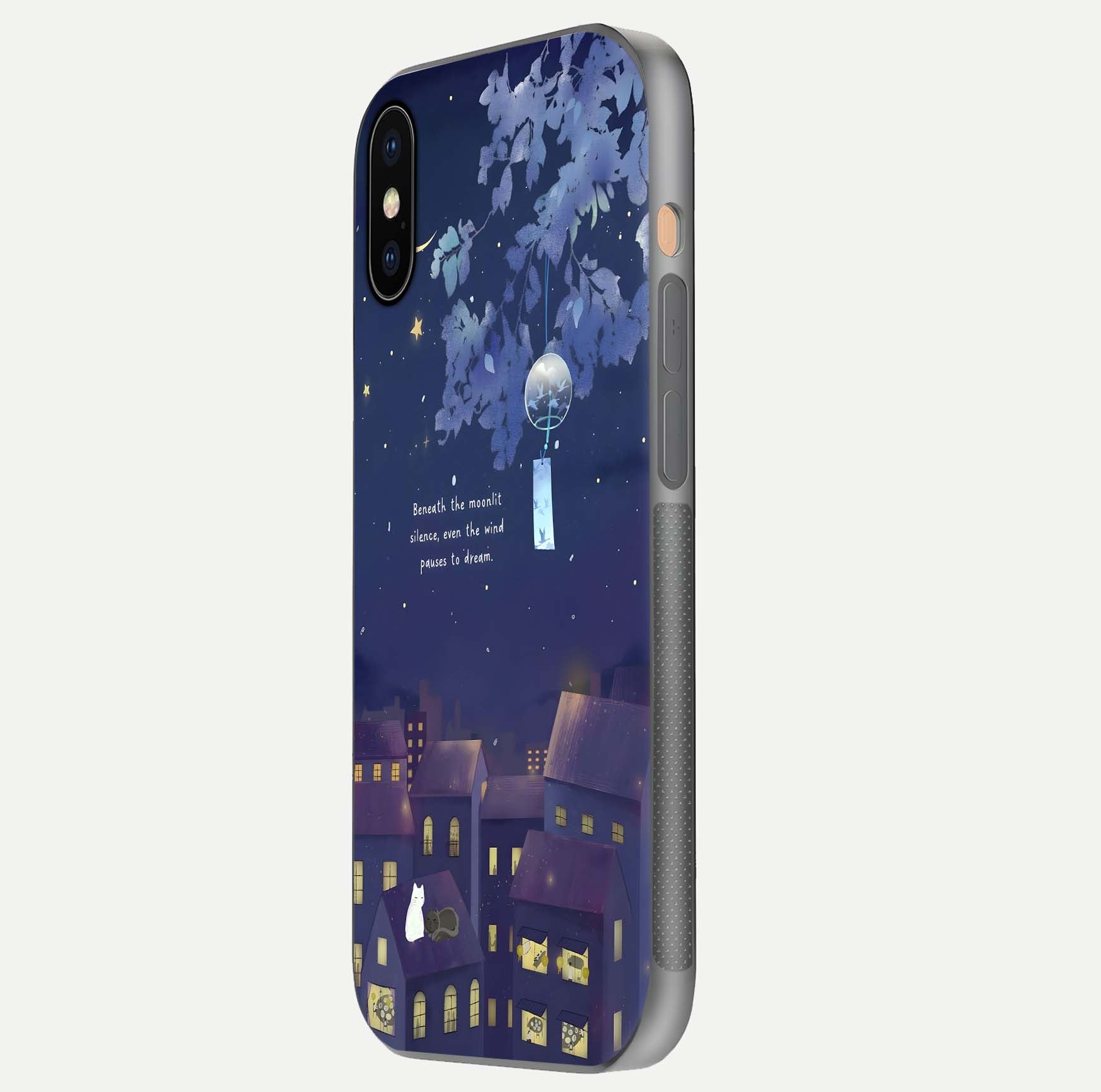 Moonlit Cat Silence Glass Case for iPhone Xs Max side-angle image showing HD gloss and feline artwork detail