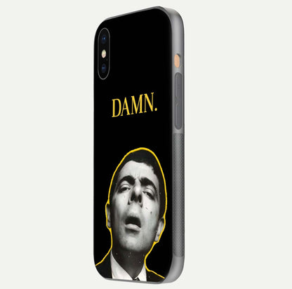 Mr Bean Damn Glass Case for iPhone Xs Max side-angle image emphasizing HD print clarity and playful theme