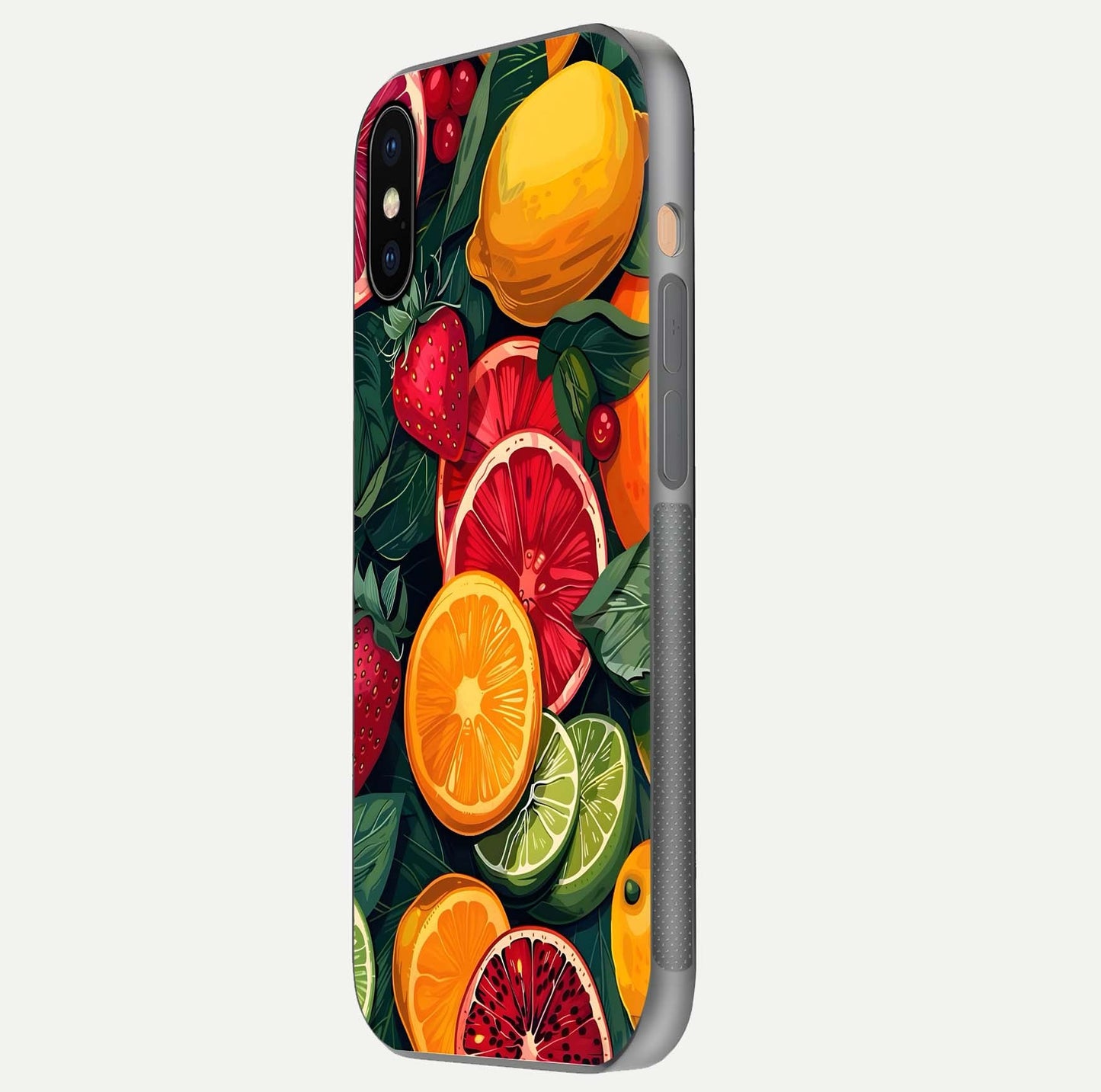Multiple Fruits Glass Case for iPhone Xs Max side-angle image showing glossy surface and vivid fruit pattern