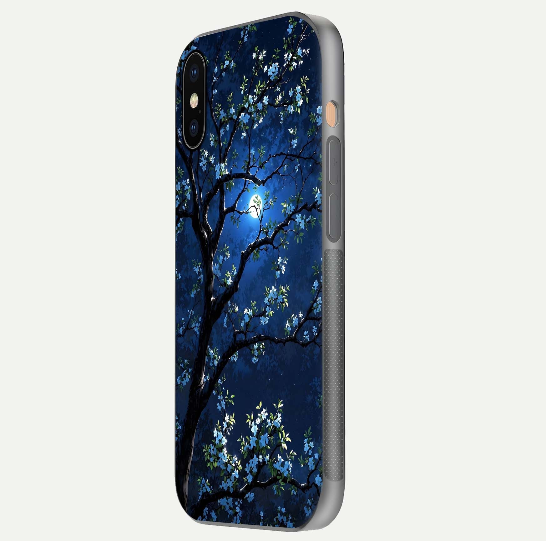 Mystic Floral Night Glass Case for iPhone Xs Max side-angle image showing gloss surface and midnight floral tones