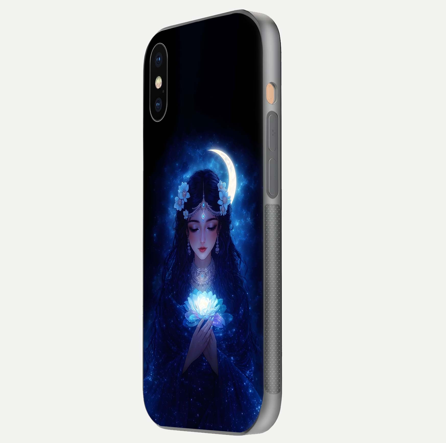 Mystic Moon Queen Glass Case for iPhone Xs Max side-angle image showing reflection and celestial details