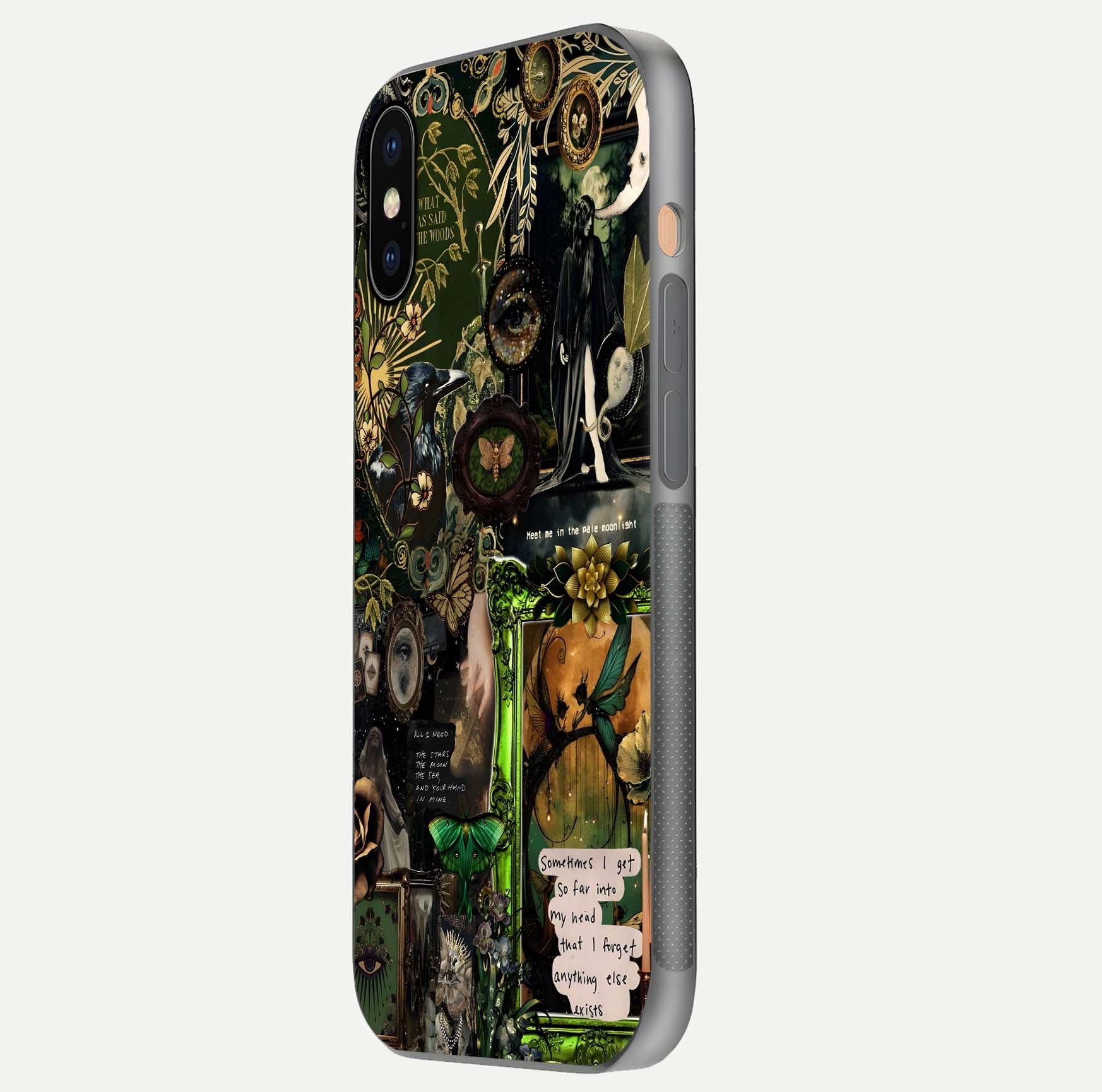 Mystic Woods Secret Glass Case for iPhone Xs Max side-angle image showing gloss reflection and forest pattern