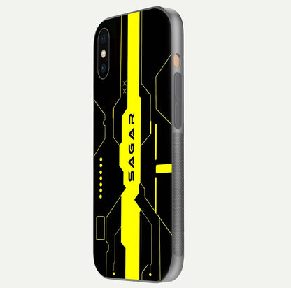 Neon CYBERPUNK Custom Name Glass Case for iPhone Xs Max side-angle image showing glow depth and bold print