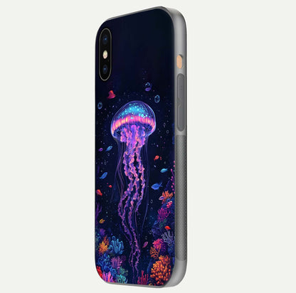 Neon Jellyfish Glass Case for iPhone Xs Max side-angle image showing reflection and oceanic light detailing