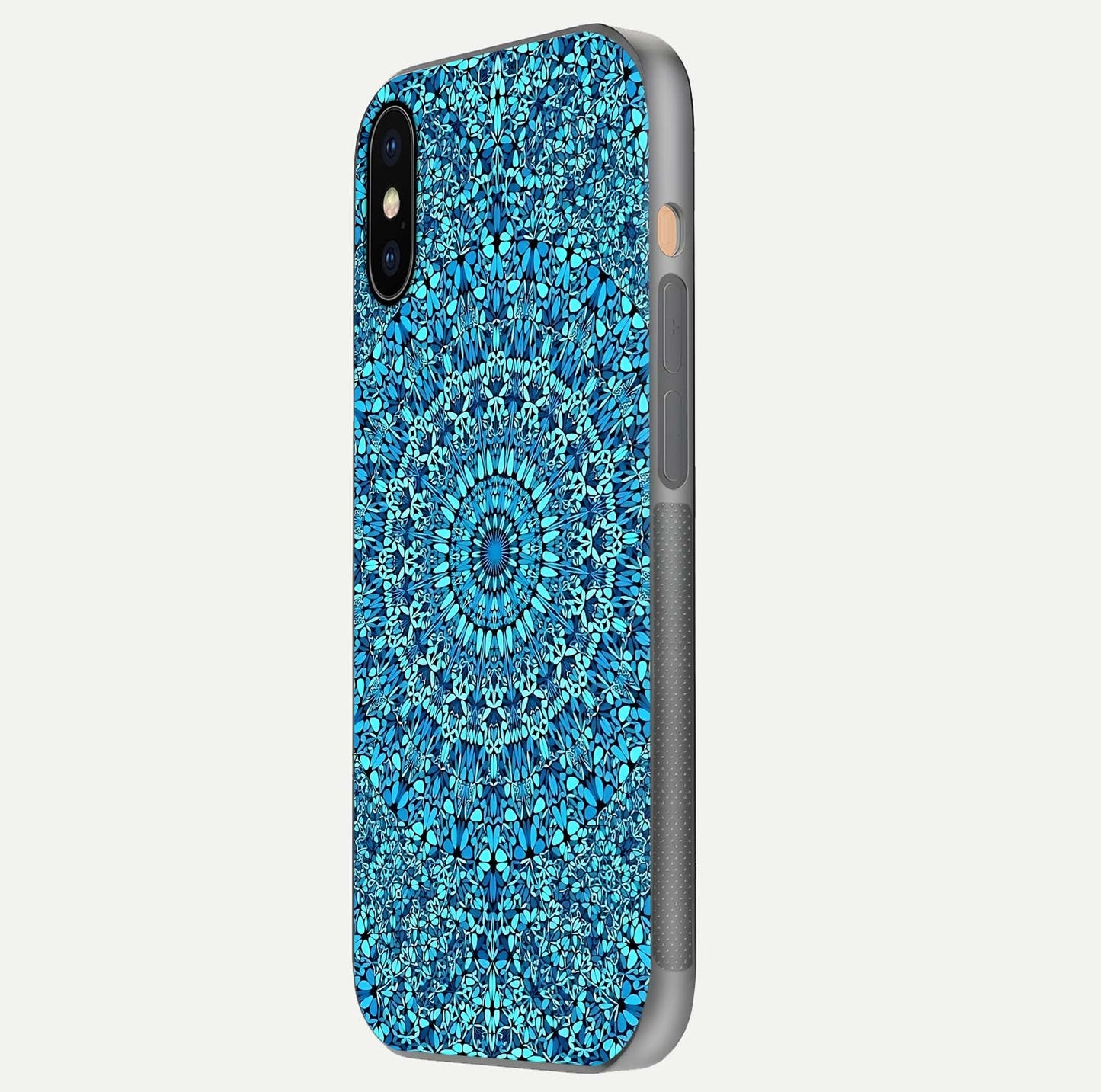 Ocean Bloom Mandala Glass Case for iPhone Xs Max side-angle image showing reflection and detailed floral pattern