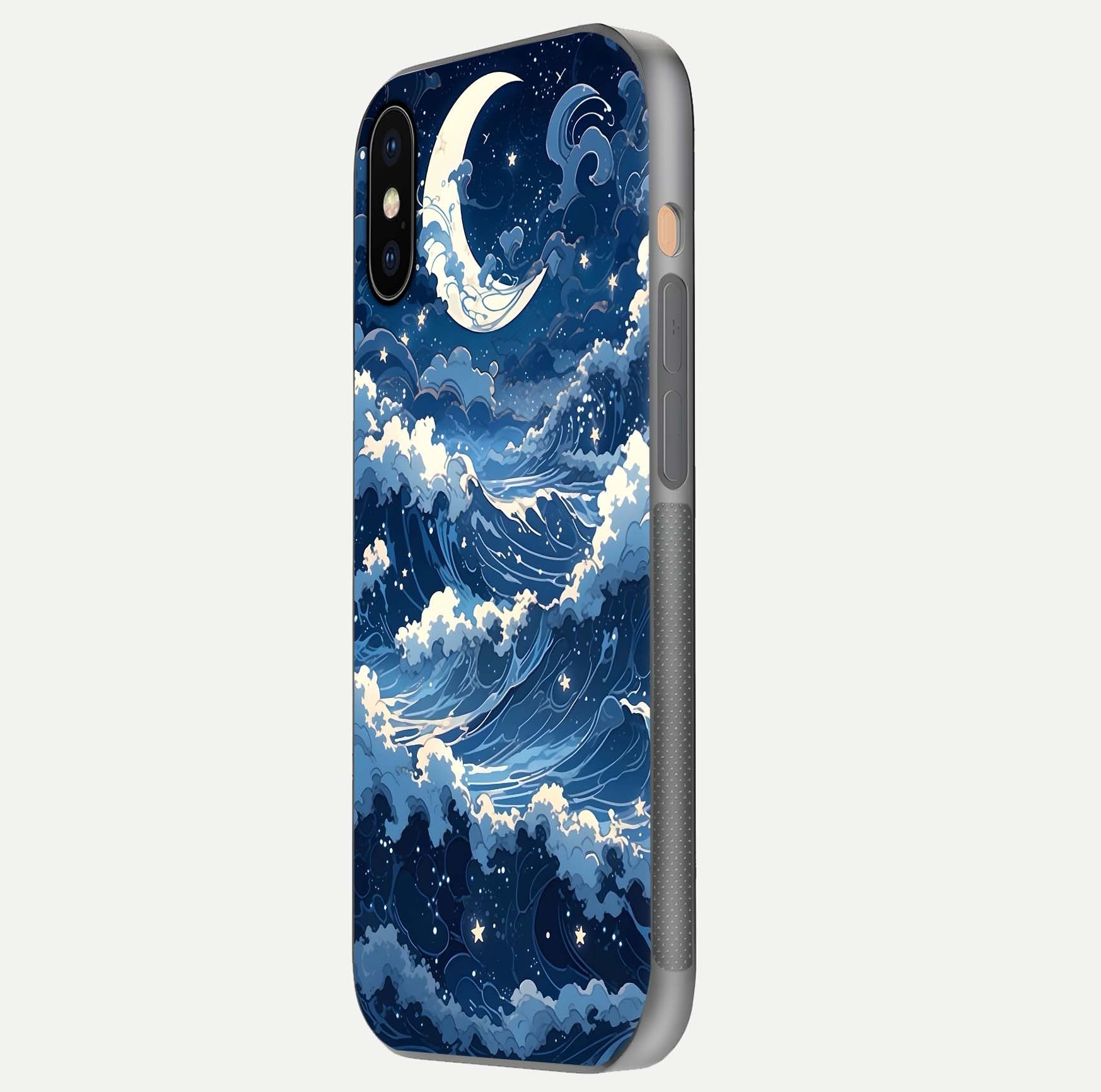 Ocean Moon Waves Glass Case for iPhone Xs Max side-angle image showing shine and ocean gradient tones