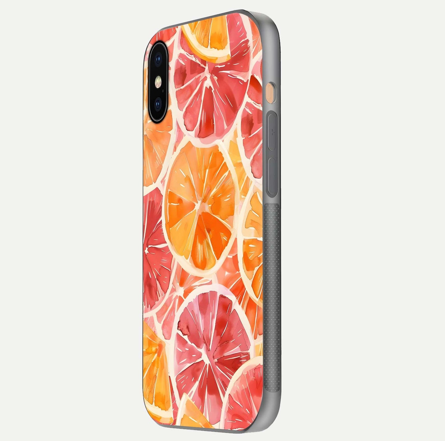 Orange Fruits Pattern Glass Case for iPhone Xs Max side-angle image showing glossy shine and citrus pattern