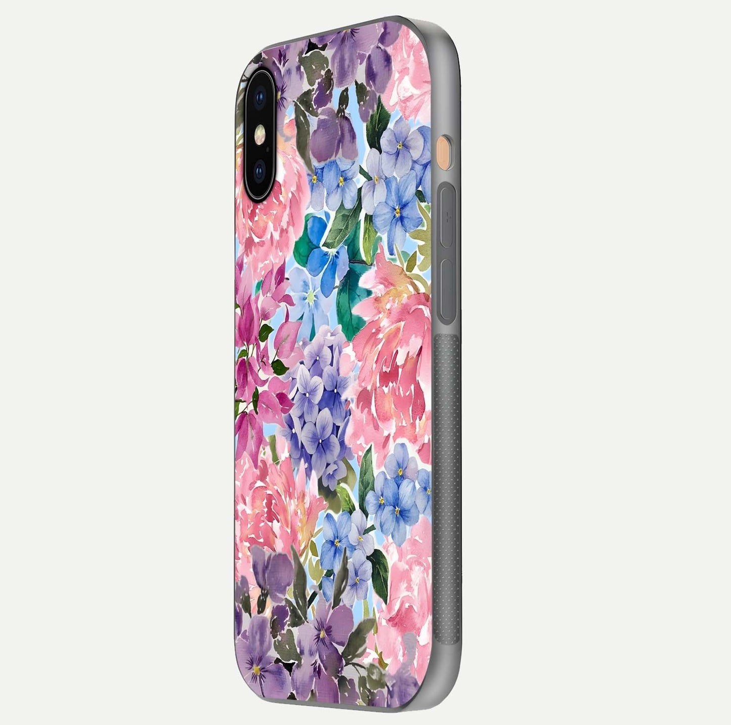 Pastel Floral Mix Glass Case for iPhone Xs Max side-angle image showing reflection and delicate pastel hues