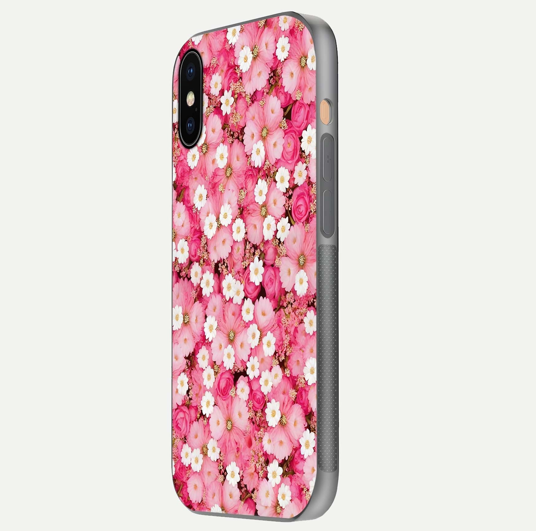 Pink Daisy Bliss Glass Case for iPhone Xs Max side-angle image showing delicate daisy pattern and glass reflection