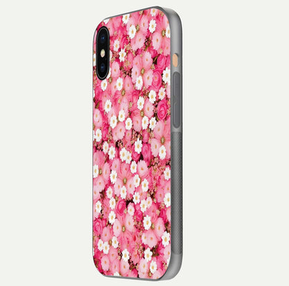 Pink Daisy Bliss Glass Case for iPhone Xs Max side-angle image showing delicate daisy pattern and glass reflection