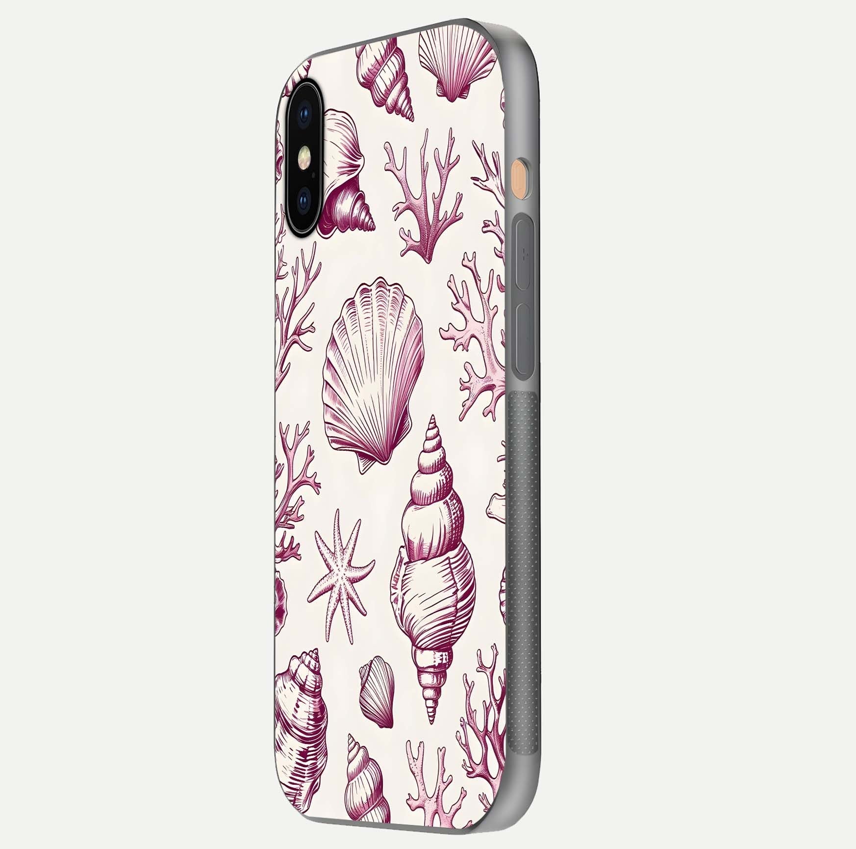 Pink Shells Outline Glass Case for iPhone Xs Max side-angle image showing shine and intricate outline texture