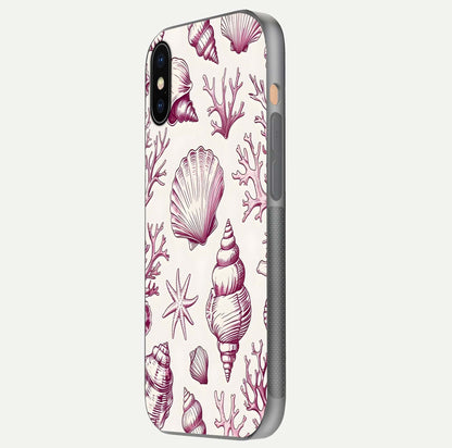 Pink Shells Outline Glass Case for iPhone Xs Max side-angle image showing shine and intricate outline texture