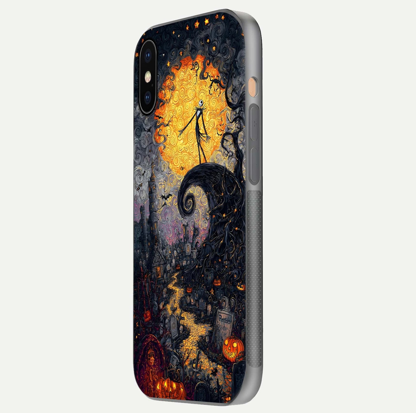 Pumpkin Moon Night Glass Case for iPhone Xs Max side-angle image showing reflection depth and pumpkin pattern