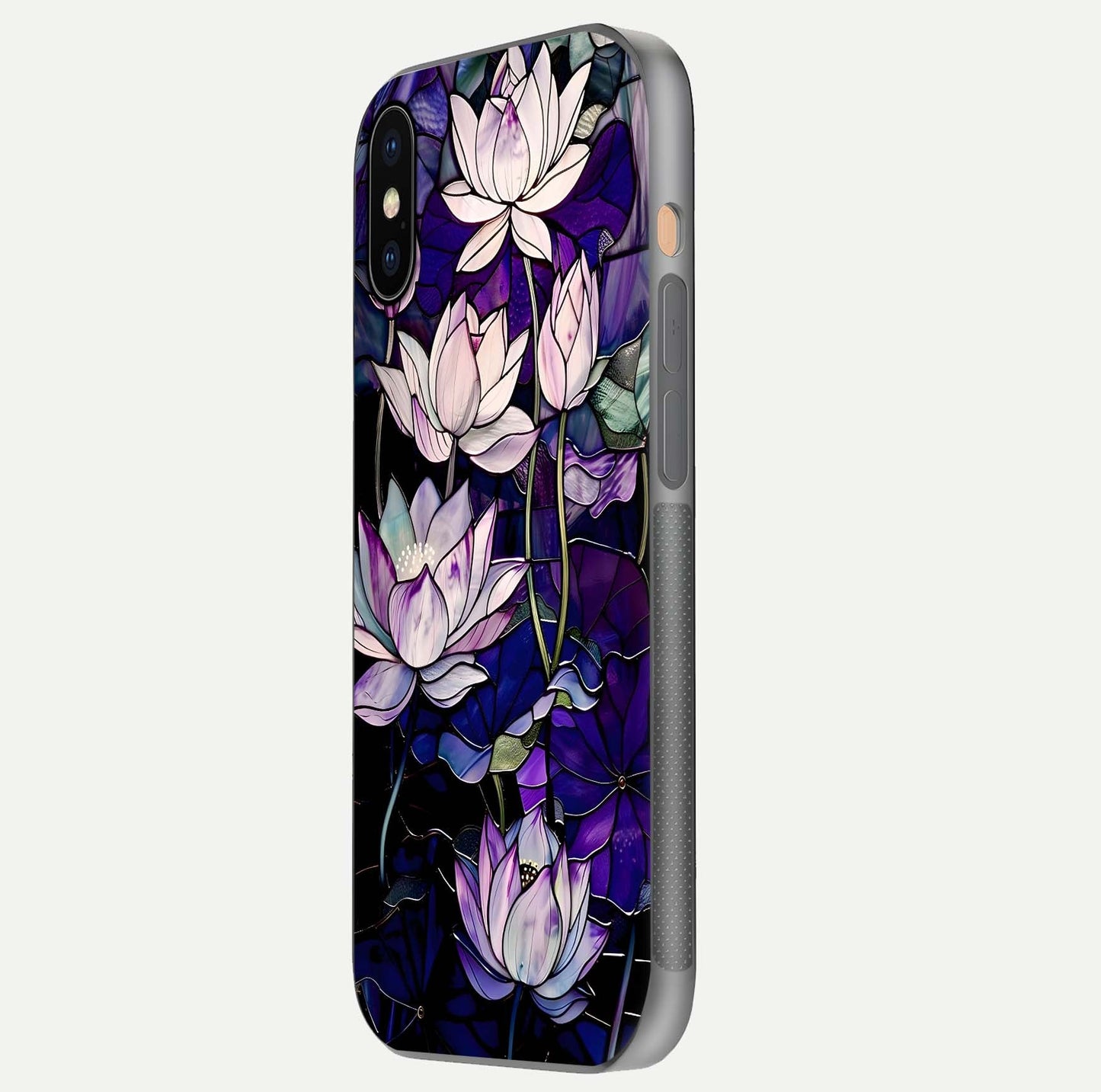 Purple Lotus Pattern Glass Case for iPhone Xs Max side-angle image showing reflection depth and lotus detail