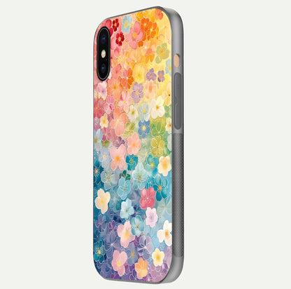 Rainbow Blossom Burst Glass Case for iPhone Xs Max side-angle image showing reflection and floral burst detail