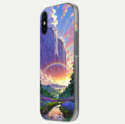 Rainbow Valley Dream Glass Case for iPhone 16 Pro side-angle image showing light reflection and scenic tones