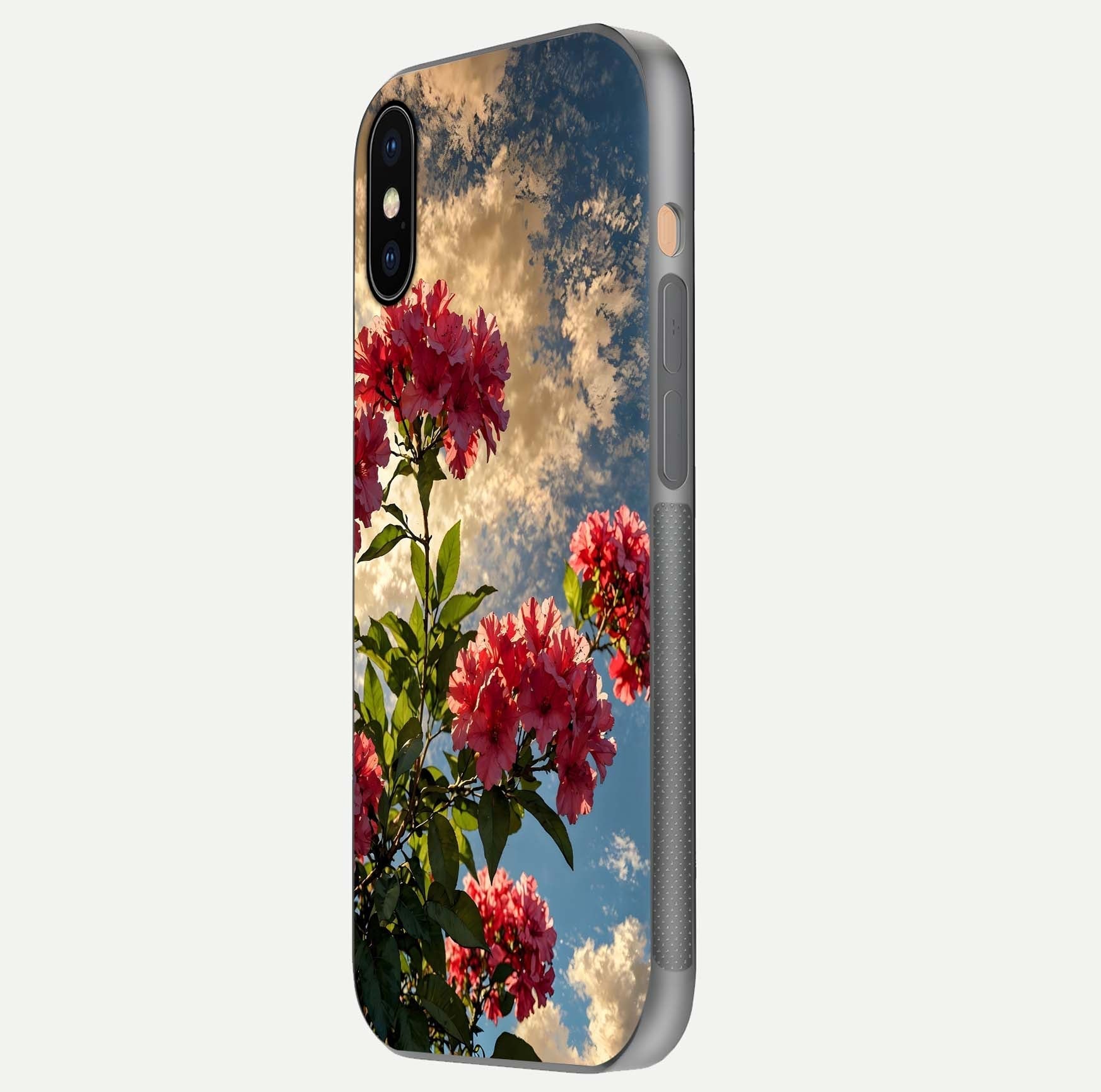 Red Bloom Skies Glass Case for iPhone Xs Max side-angle image showing reflection, print clarity, and tone blend