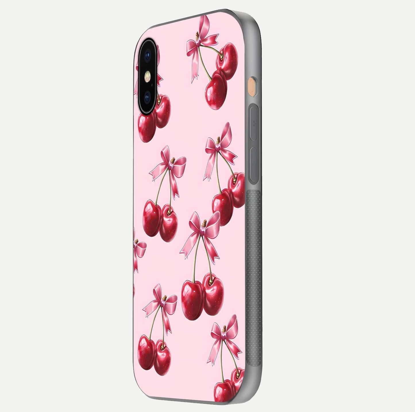 Red Cherries Pattern Glass Case for iPhone Xs Max side-angle image showing gloss surface and cherry details
