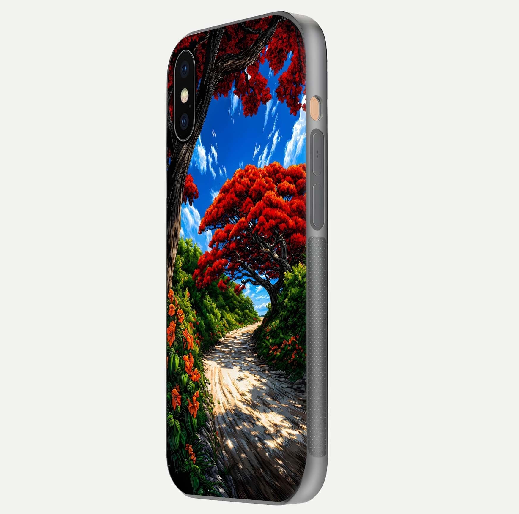 Red Trees Pathway Glass Case for iPhone Xs Max side-angle image showing reflection and autumn vibe
