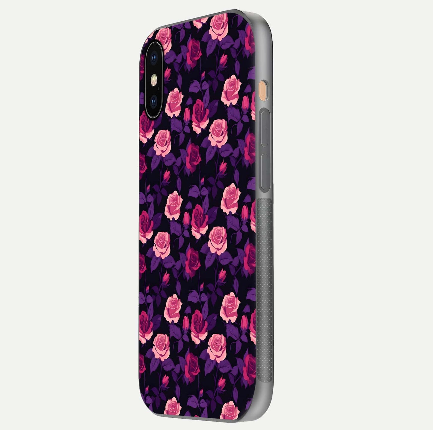 Rose Garden Twilight Glass Case for iPhone Xs Max side-angle image showing reflection, gloss, and floral detail