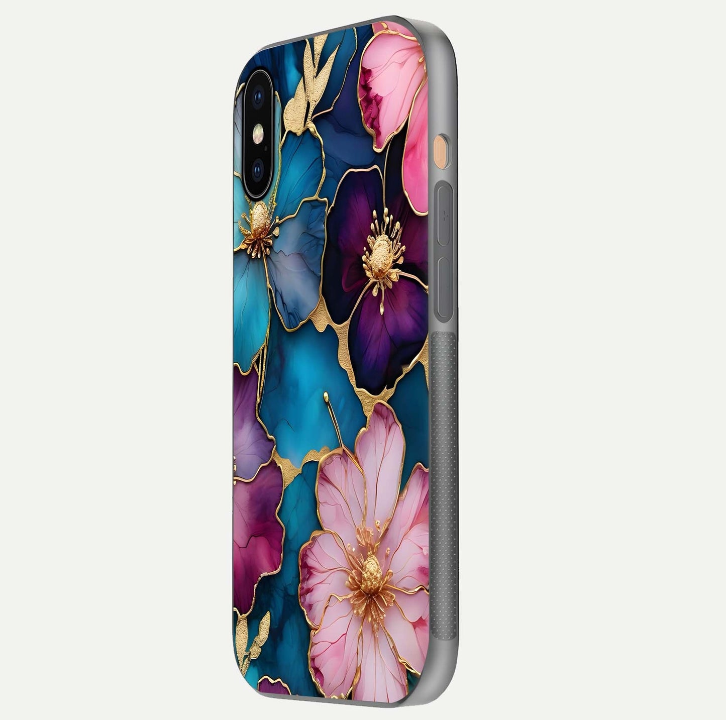 Sparkle Floral Glass Case for iPhone Xs Max side-angle image showing reflection, gloss, and floral texture