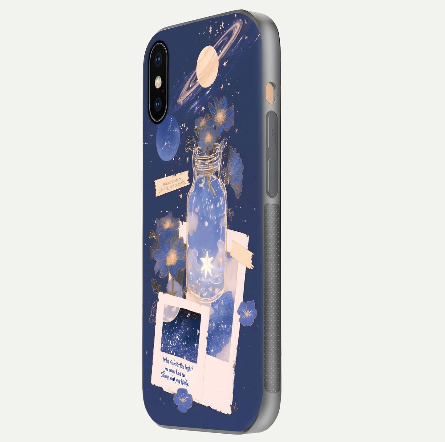 Starlit Cosmic Jar Glass Case for iPhone Xs Max side-angle image showing glow, texture, and light reflection