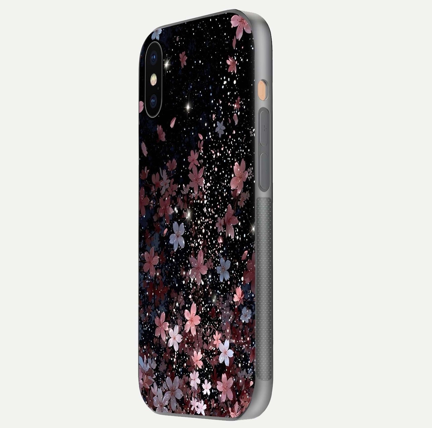 Starlit Flower Dreams Glass Case for iPhone Xs Max side-angle image showing shine, edge detail, and floral contrast
