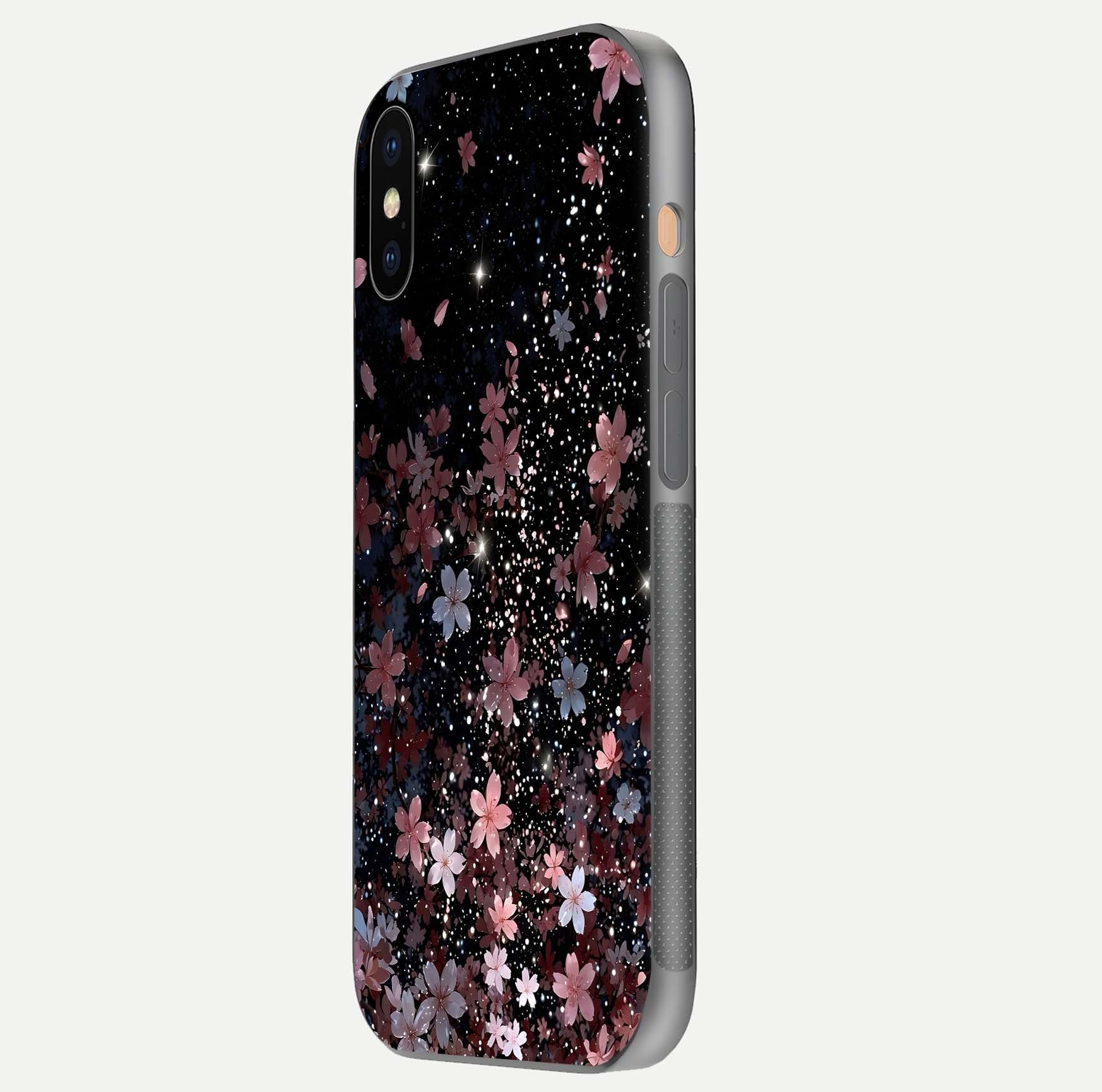 Starlit Flower Dreams Glass Case for iPhone Xs Max side-angle image showing shine, edge detail, and floral contrast