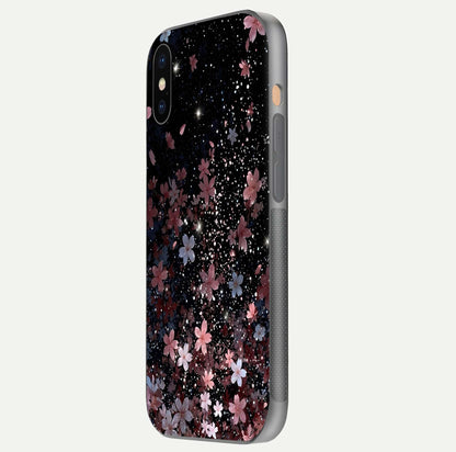 Starlit Flower Dreams Glass Case for iPhone Xs Max side-angle image showing shine, edge detail, and floral contrast