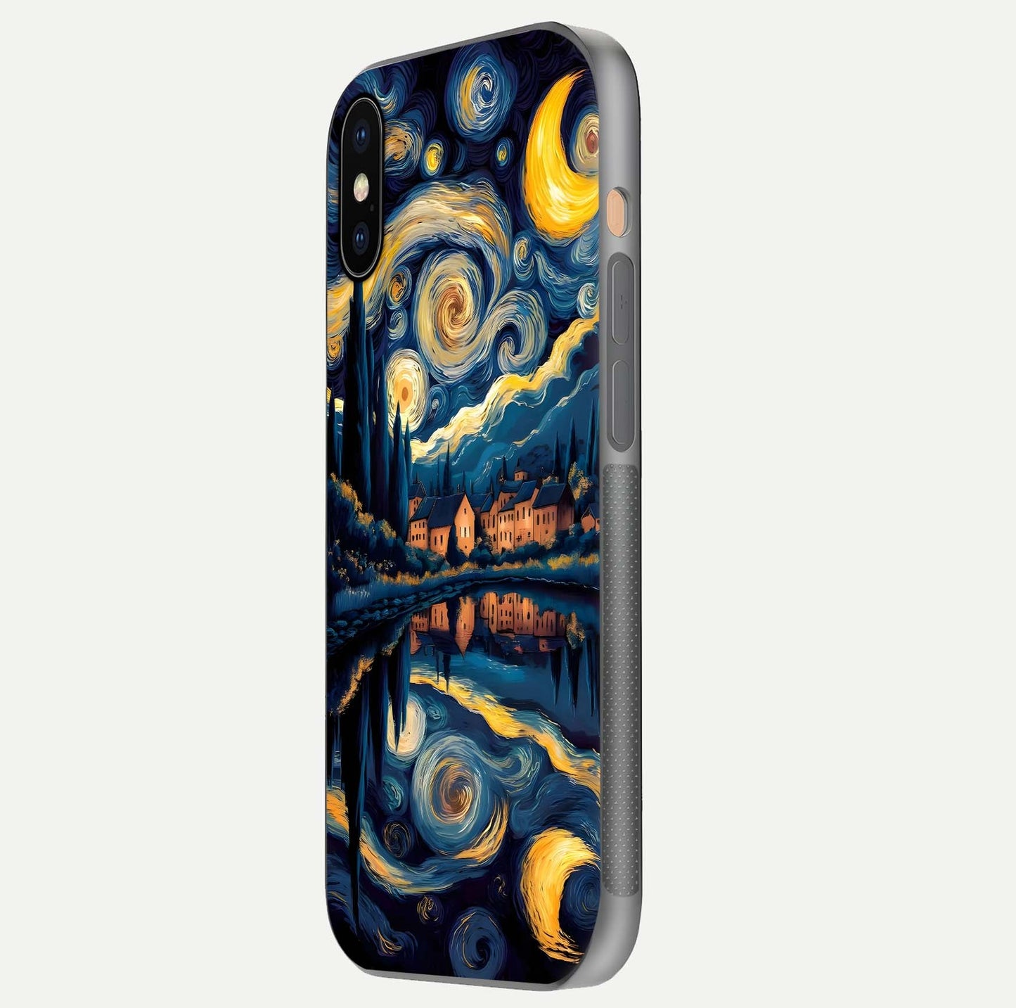 Starry Sky Serenity Glass Case for iPhone Xs Max side-angle image showing reflection and night-sky detail