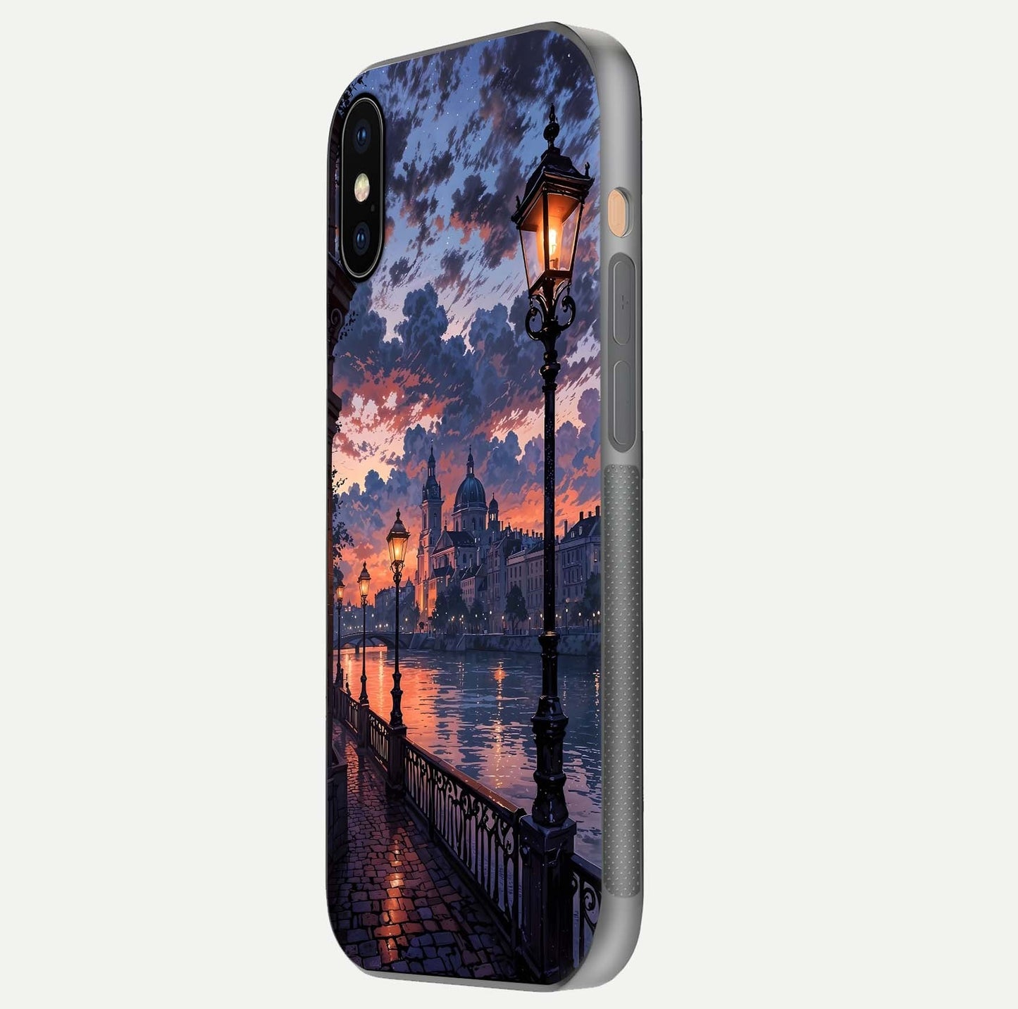 Twilight River Lights Glass Case for iPhone Xs Max side-angle image showing reflections, lighting, and gradient tones