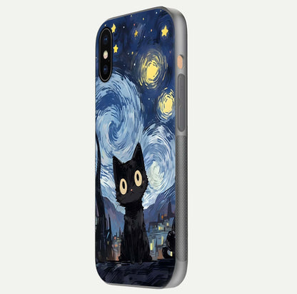 Van Gogh Cat Glass Case for iPhone Xs Max side-angle image showing light reflection and vivid artwork