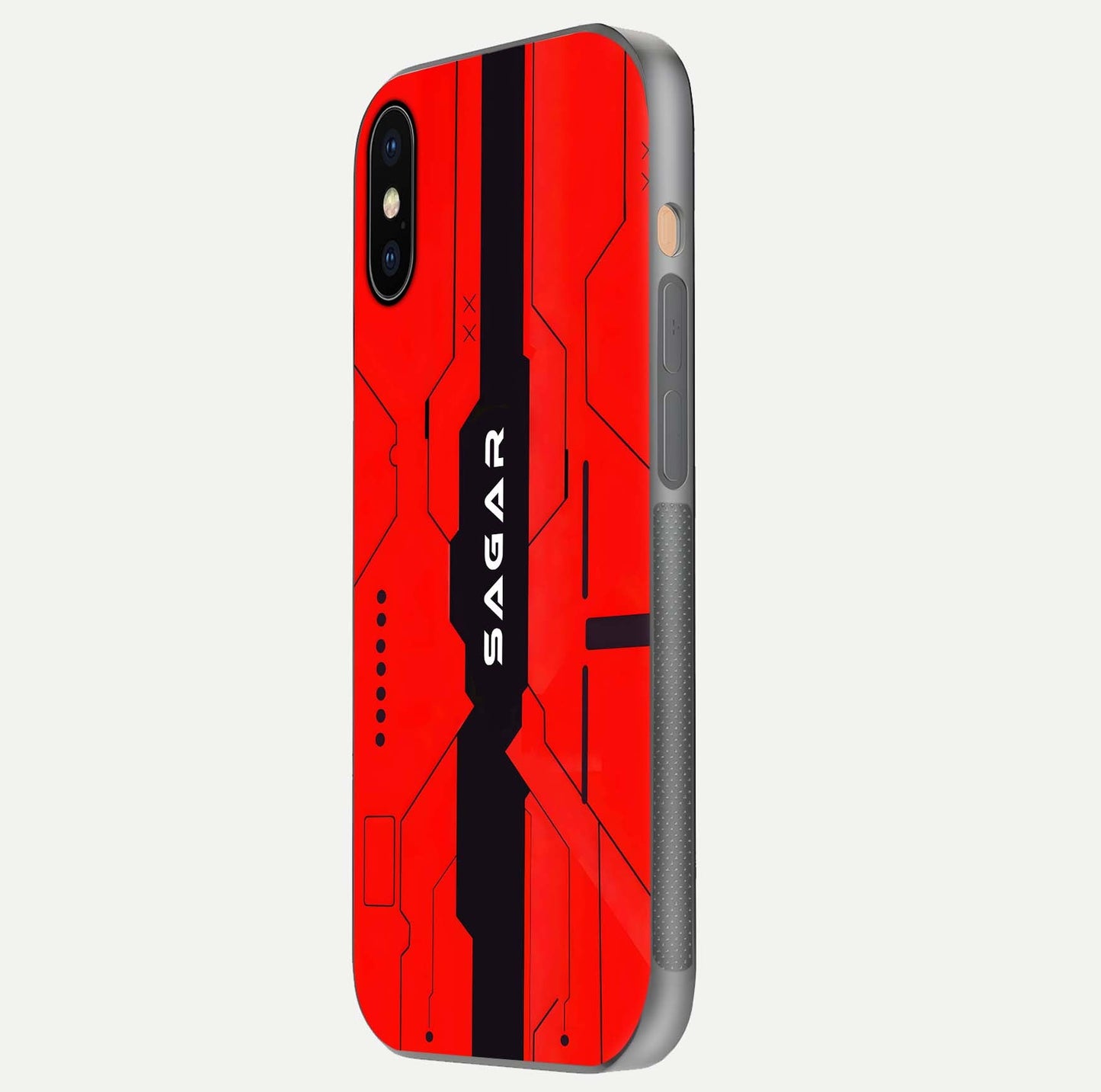 Voltage Rise CYBERPUNK Custom Name Glass Case for iPhone Xs Max side-angle image showing gloss and cyberpunk detail