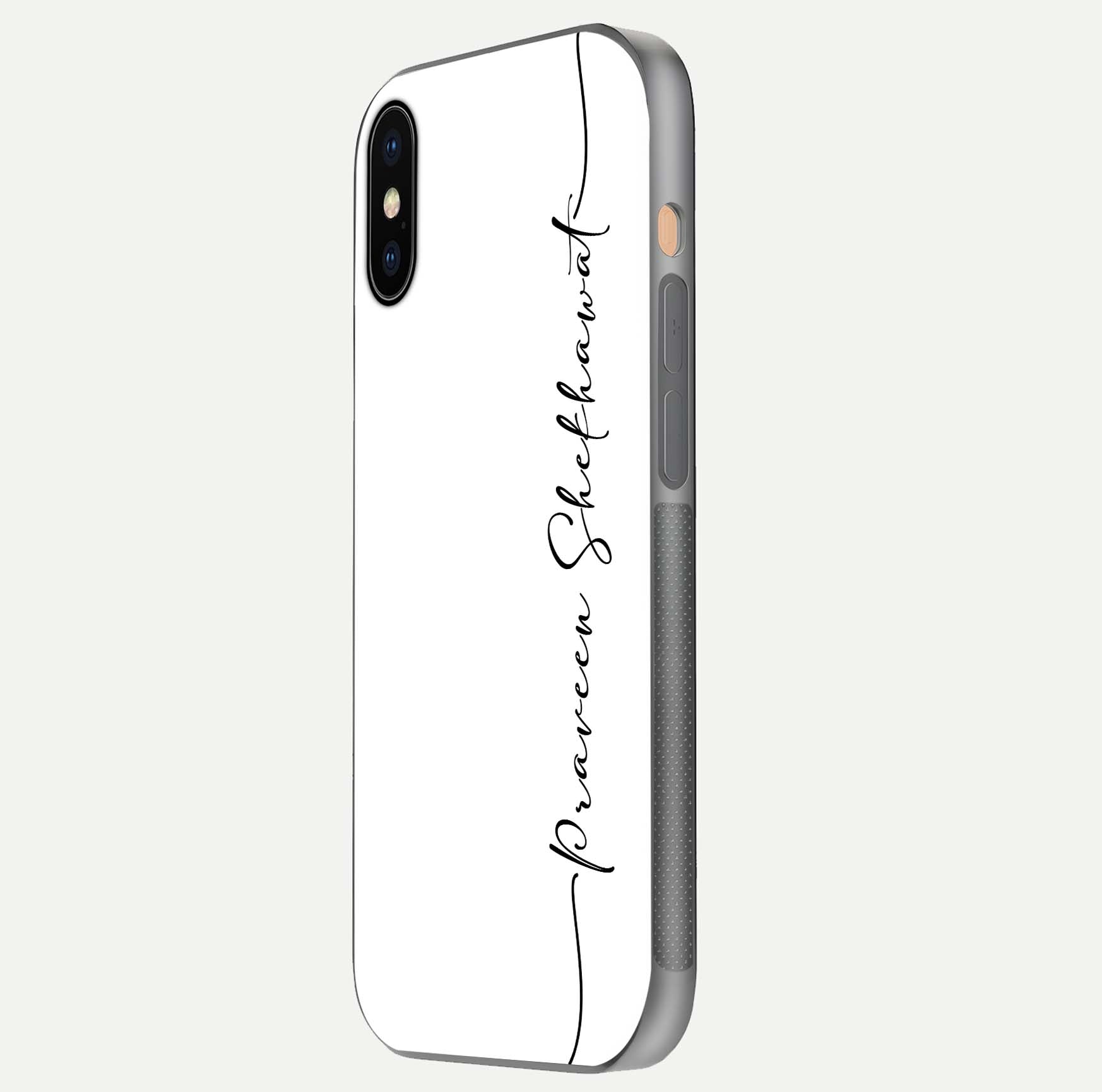 White Tune Custom Name Glass Case for iPhone Xs Max side-angle image showing shine, gloss, and minimal tone