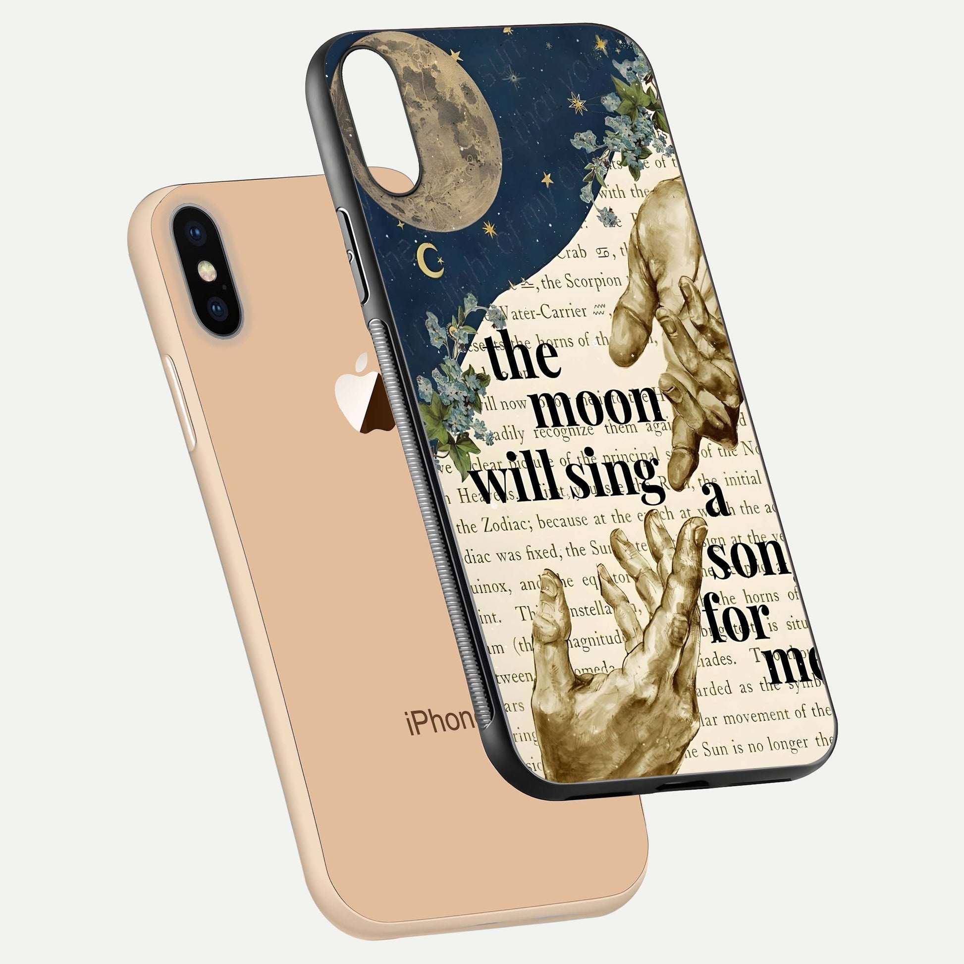 Aesthetic Divine Glass Case for iPhone 16 Pro floating dual-view mockup showing edge design and divine art gloss texture