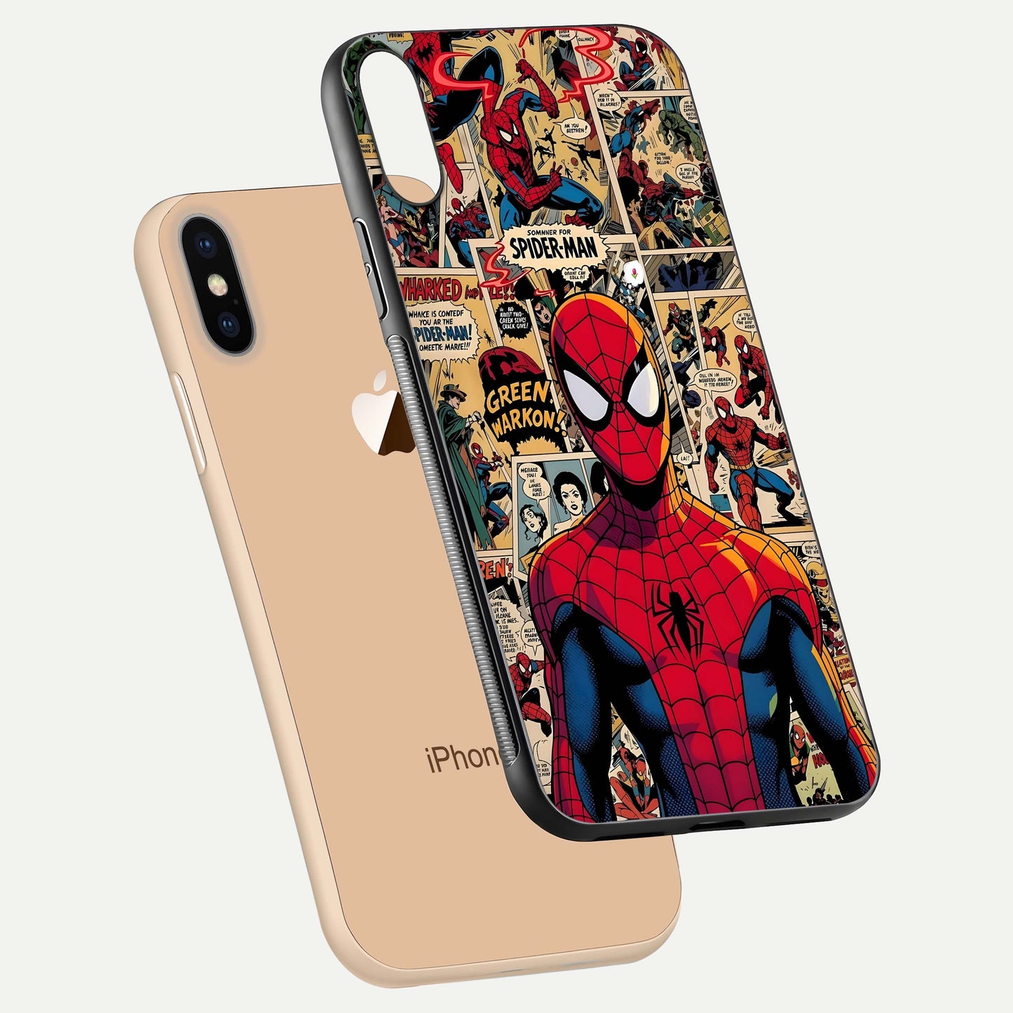 Aesthetic Spider Man Glass Case for iPhone 16 Pro floating dual-view mockup showing edge design and detailed Spider-Man gloss texture