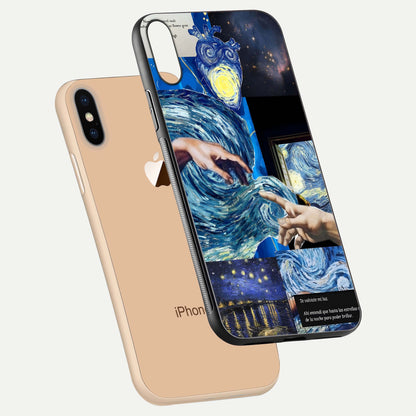 Aesthetic Vando Hands Glass Case for iPhone 16 Pro floating dual-view mockup showing slim edge profile and high-definition gloss